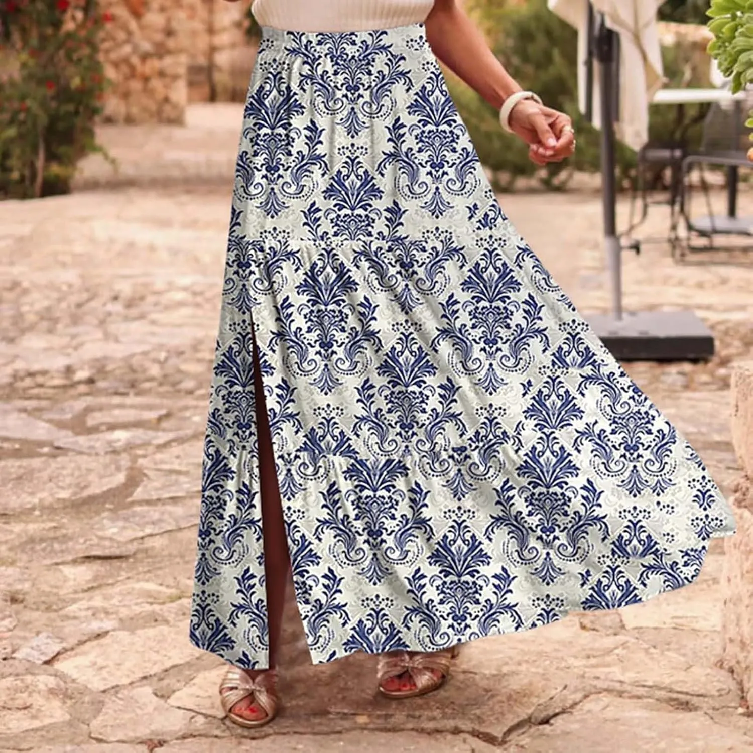 Summer Floral Print Midi Skirt for Women Tiered Long Skirt Elastic High Waist Pleated Skirts Casual Side Split Trendy Skirts