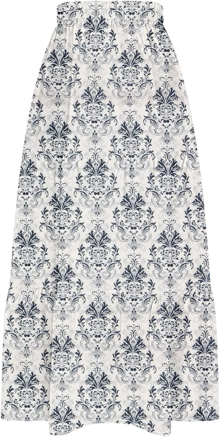 Summer Floral Print Midi Skirt for Women Tiered Long Skirt Elastic High Waist Pleated Skirts Casual Side Split Trendy Skirts