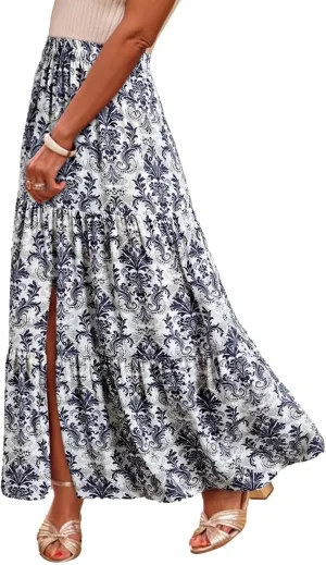 Summer Floral Print Midi Skirt for Women Tiered Long Skirt Elastic High Waist Pleated Skirts Casual Side Split Trendy Skirts