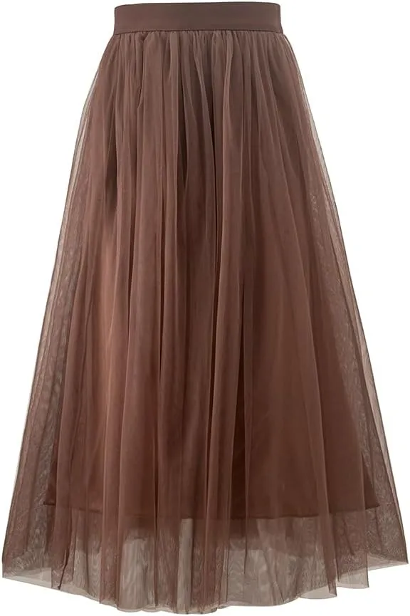 Summer Sweety Solid Elastic Waist Tulle All Match Flare Women Maxi Skirt