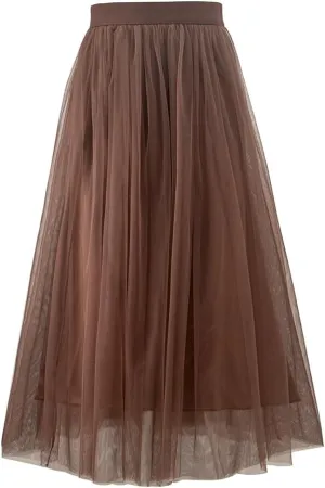 Summer Sweety Solid Elastic Waist Tulle All Match Flare Women Maxi Skirt