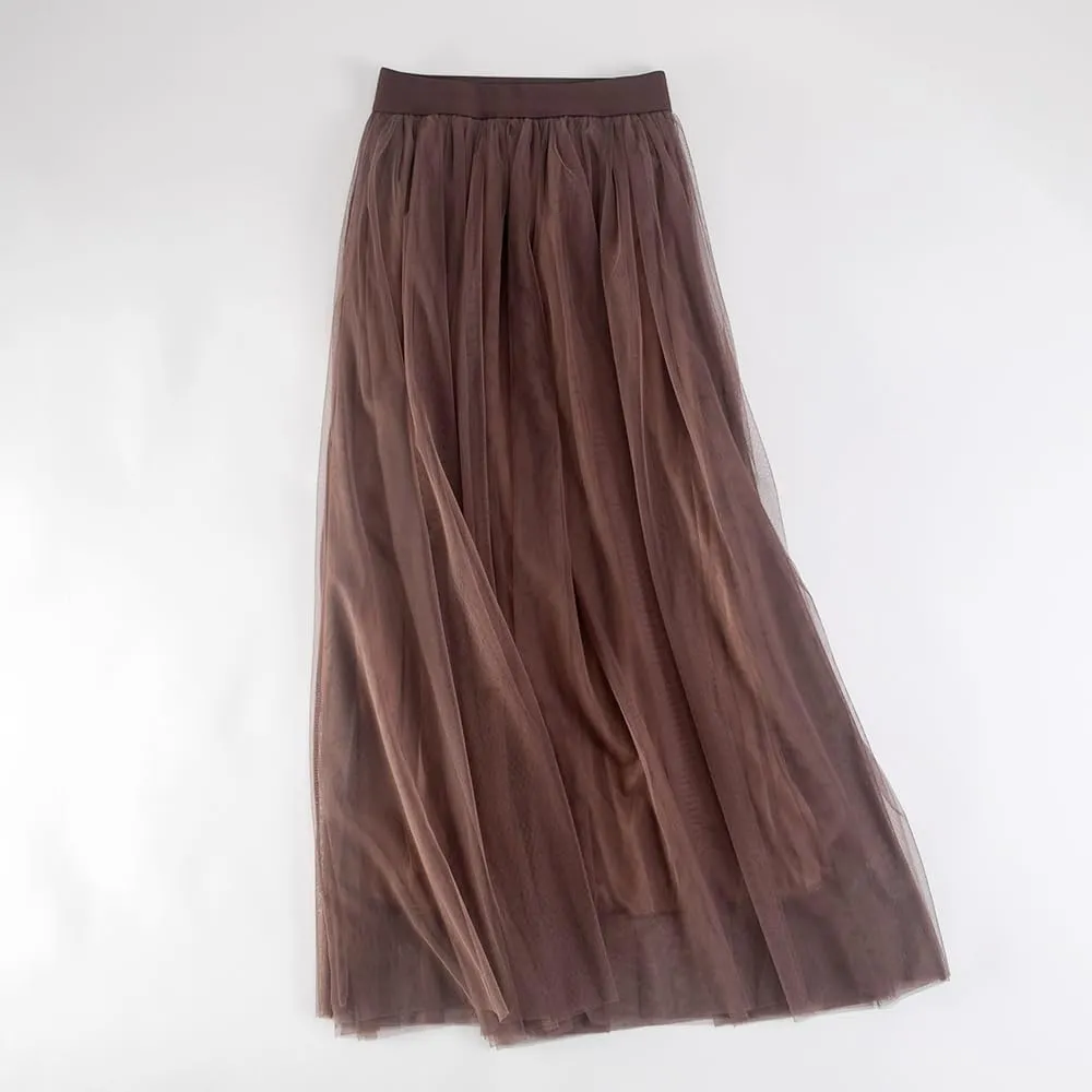 Summer Sweety Solid Elastic Waist Tulle All Match Flare Women Maxi Skirt