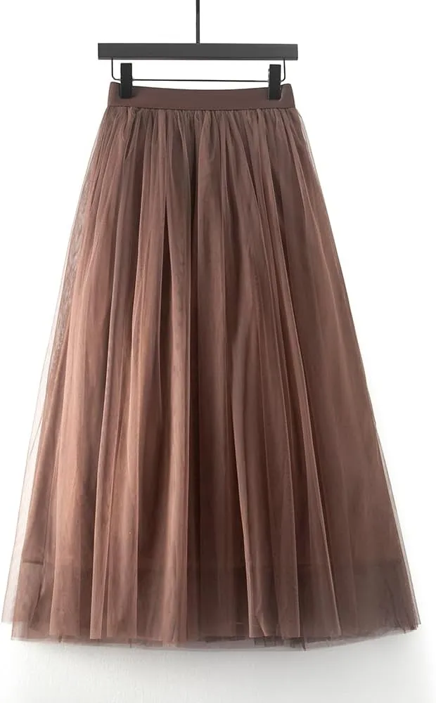 Summer Sweety Solid Elastic Waist Tulle All Match Flare Women Maxi Skirt