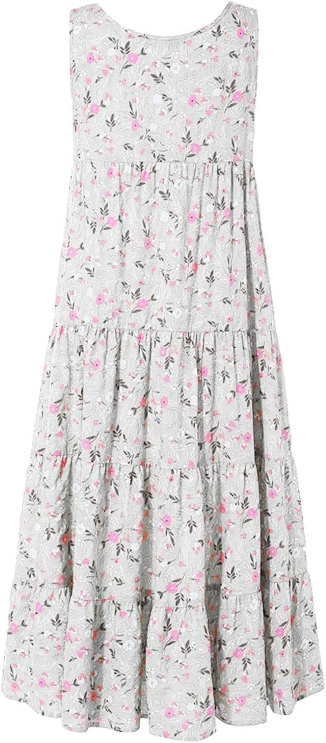 Summer Tank Dress for Women Sleeveless Cotton Linen Sundress Boho Floral Tiered Maxi Dress Plus Size Loose Beach Dress
