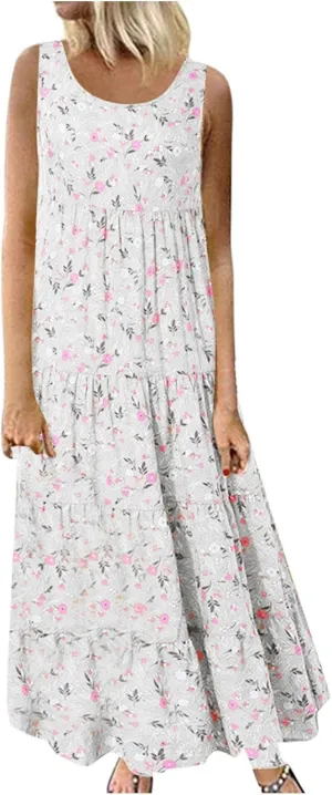 Summer Tank Dress for Women Sleeveless Cotton Linen Sundress Boho Floral Tiered Maxi Dress Plus Size Loose Beach Dress