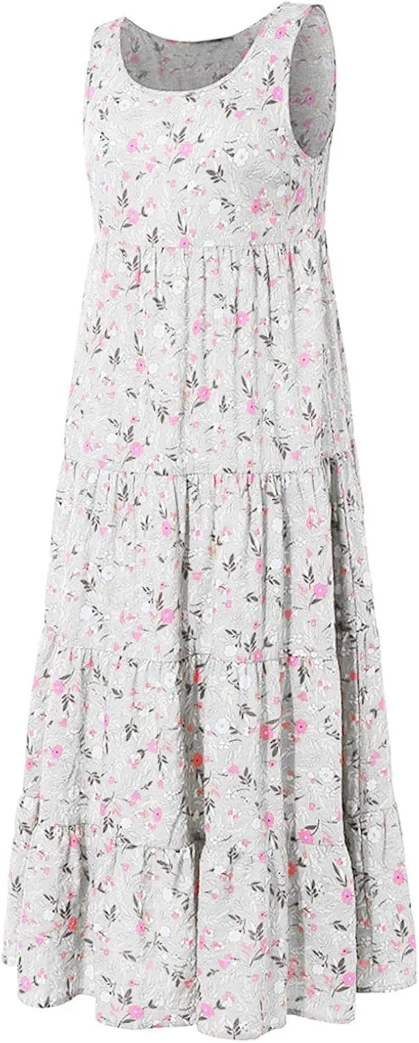 Summer Tank Dress for Women Sleeveless Cotton Linen Sundress Boho Floral Tiered Maxi Dress Plus Size Loose Beach Dress