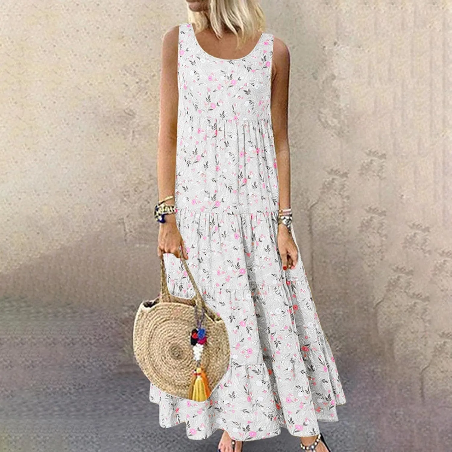 Summer Tank Dress for Women Sleeveless Cotton Linen Sundress Boho Floral Tiered Maxi Dress Plus Size Loose Beach Dress