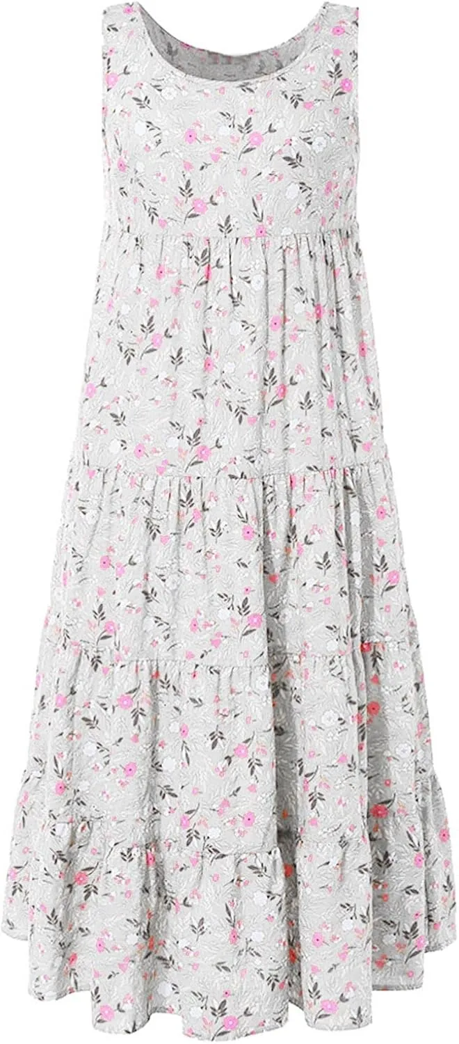 Summer Tank Dress for Women Sleeveless Cotton Linen Sundress Boho Floral Tiered Maxi Dress Plus Size Loose Beach Dress