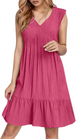 Summer Tank Dresses for Women 2025 Vacation V Neck Sleeveless Mini T Shirt Dress Pleated Ruffle Flowy Beach Sundresses