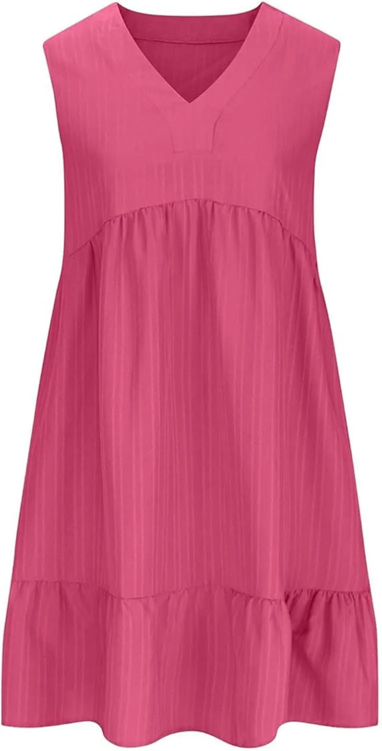 Summer Tank Dresses for Women 2025 Vacation V Neck Sleeveless Mini T Shirt Dress Pleated Ruffle Flowy Beach Sundresses