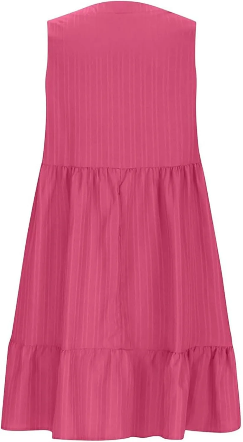 Summer Tank Dresses for Women 2025 Vacation V Neck Sleeveless Mini T Shirt Dress Pleated Ruffle Flowy Beach Sundresses
