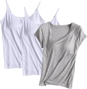 Summer Tank Tops for Women Built in Bra Cotton Shelf Bra Tanks Layering Undershirts 3 Pack