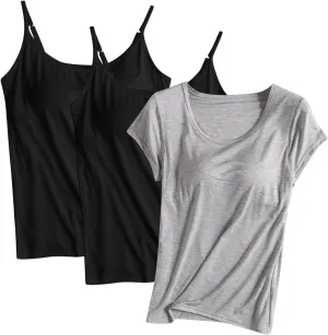 Summer Tank Tops for Women Built in Bra Cotton Shelf Bra Tanks Layering Undershirts 3 Pack