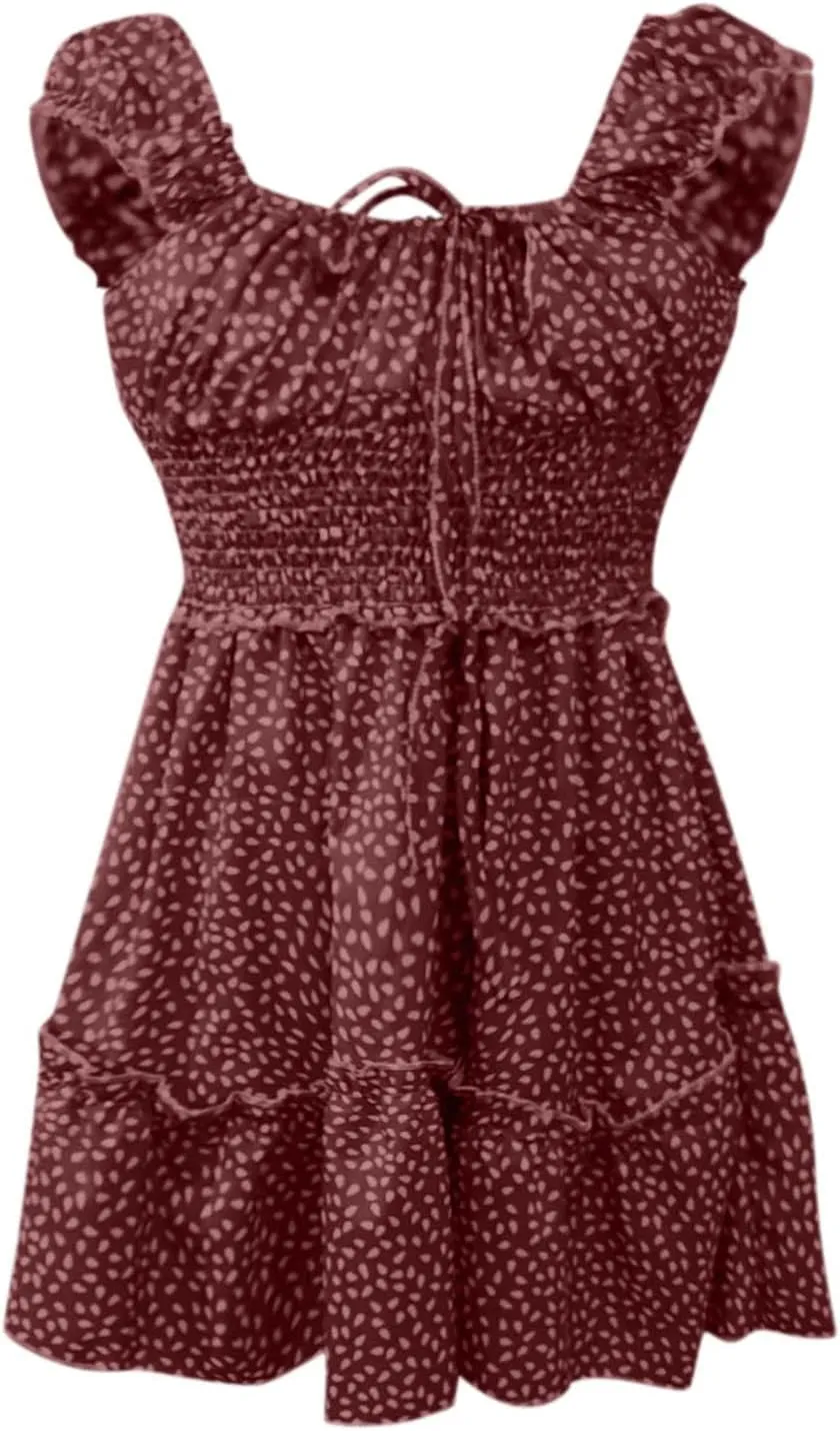 Summer Womens Smocked Dresses Ruffle Floral Tie Front Boho Sundress Sexy Fashion Print Neckline Mini Dress