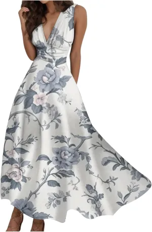 Sun Dresses for Women, Graphic Print Flowy Beach Dress, Spring Summer Casual Elegant Wrap V Neck Sleeveless Maxi Dresses