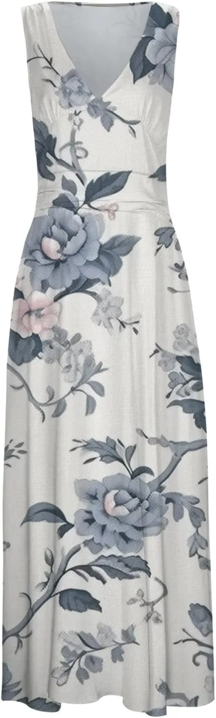 Sun Dresses for Women, Graphic Print Flowy Beach Dress, Spring Summer Casual Elegant Wrap V Neck Sleeveless Maxi Dresses