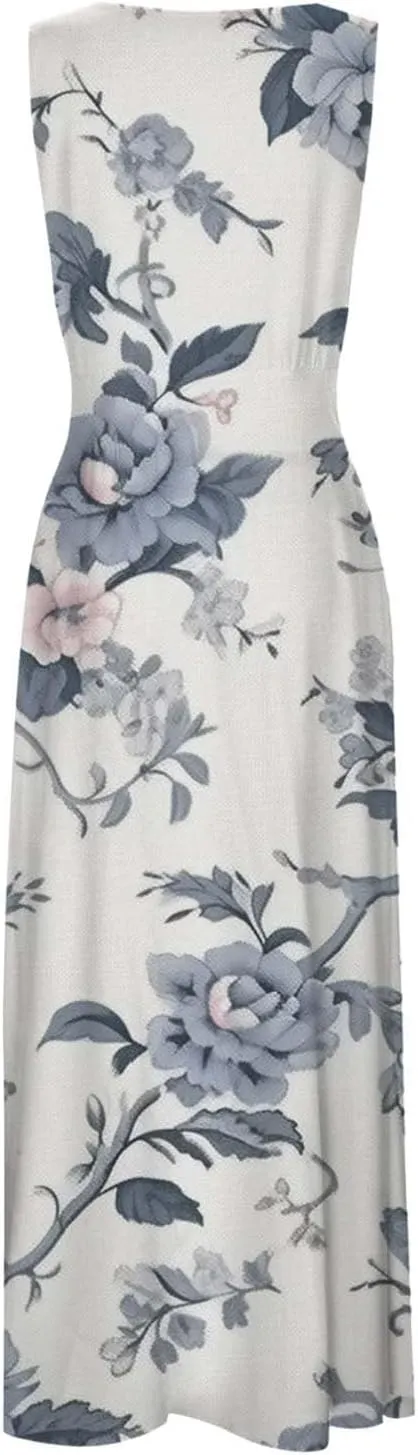 Sun Dresses for Women, Graphic Print Flowy Beach Dress, Spring Summer Casual Elegant Wrap V Neck Sleeveless Maxi Dresses