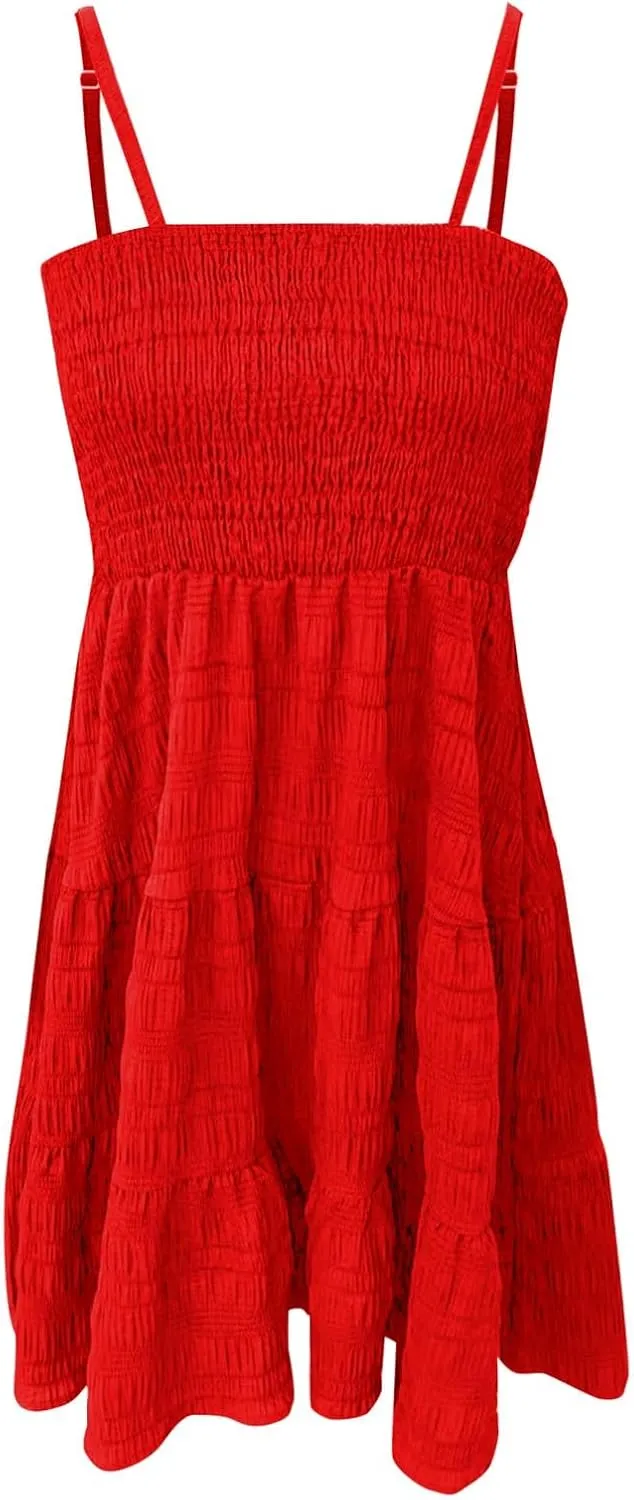 Sundresses for Women Smocked Spaghetti Strap Square Neck Mini Babydoll Dress Casual Summer Flowy Tiered Ruffle Dress