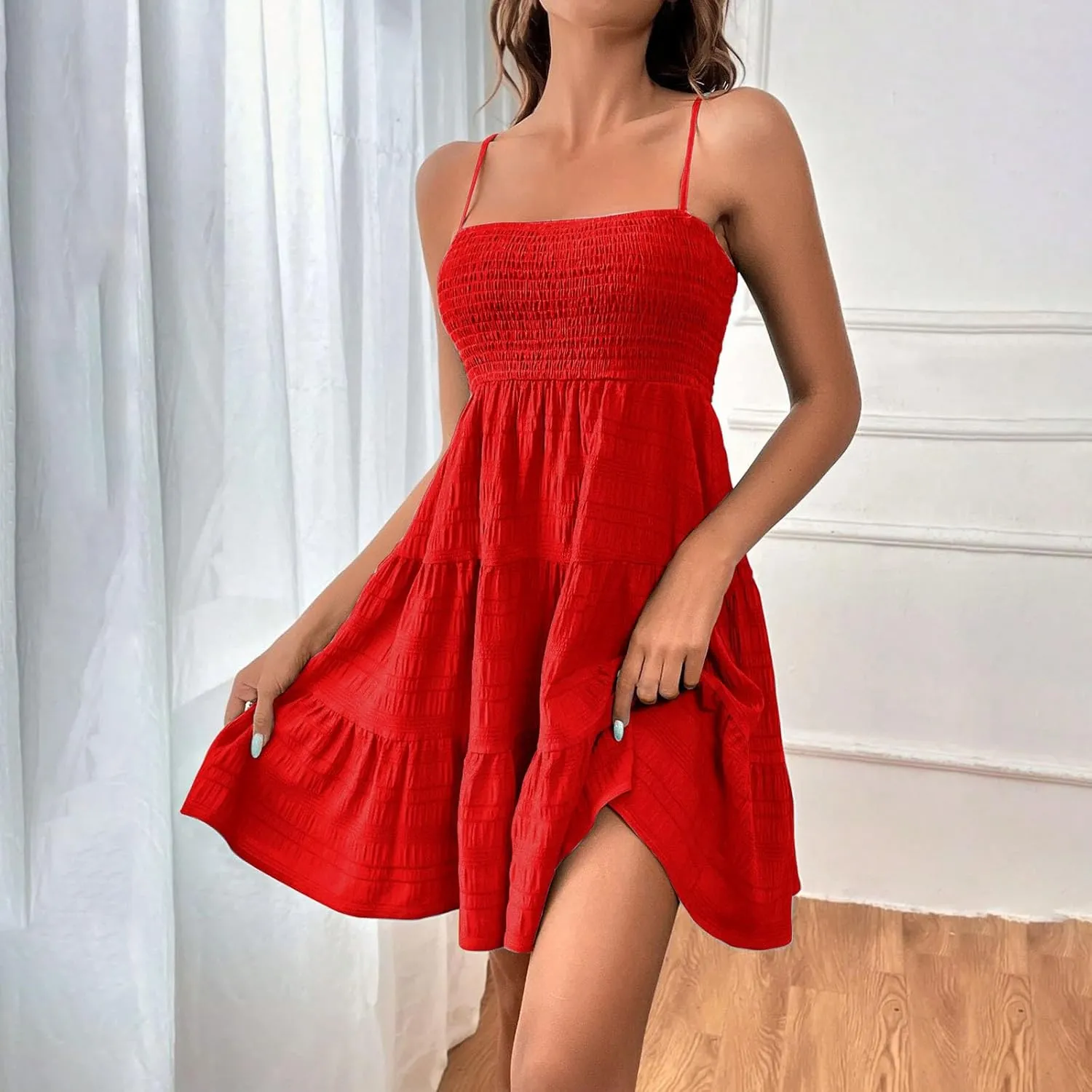 Sundresses for Women Smocked Spaghetti Strap Square Neck Mini Babydoll Dress Casual Summer Flowy Tiered Ruffle Dress
