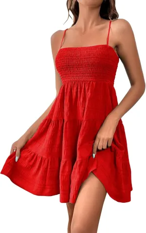 Sundresses for Women Smocked Spaghetti Strap Square Neck Mini Babydoll Dress Casual Summer Flowy Tiered Ruffle Dress