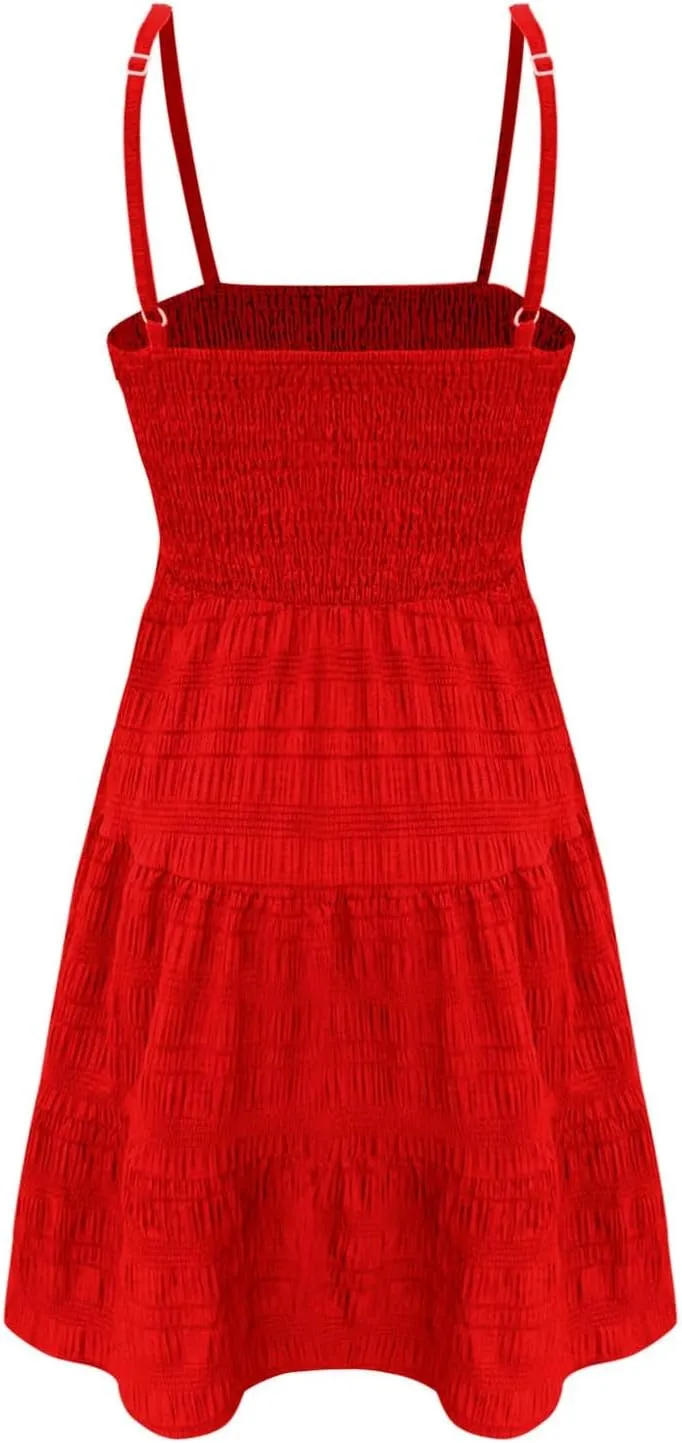 Sundresses for Women Smocked Spaghetti Strap Square Neck Mini Babydoll Dress Casual Summer Flowy Tiered Ruffle Dress