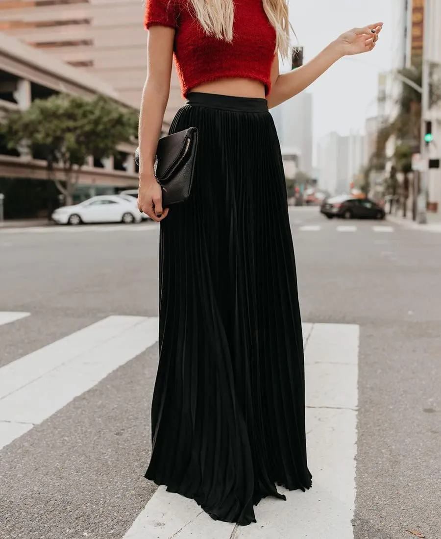 sysinside Women's High Elastic Waist Pleated Flowy Swing A-line Maxi Skirts