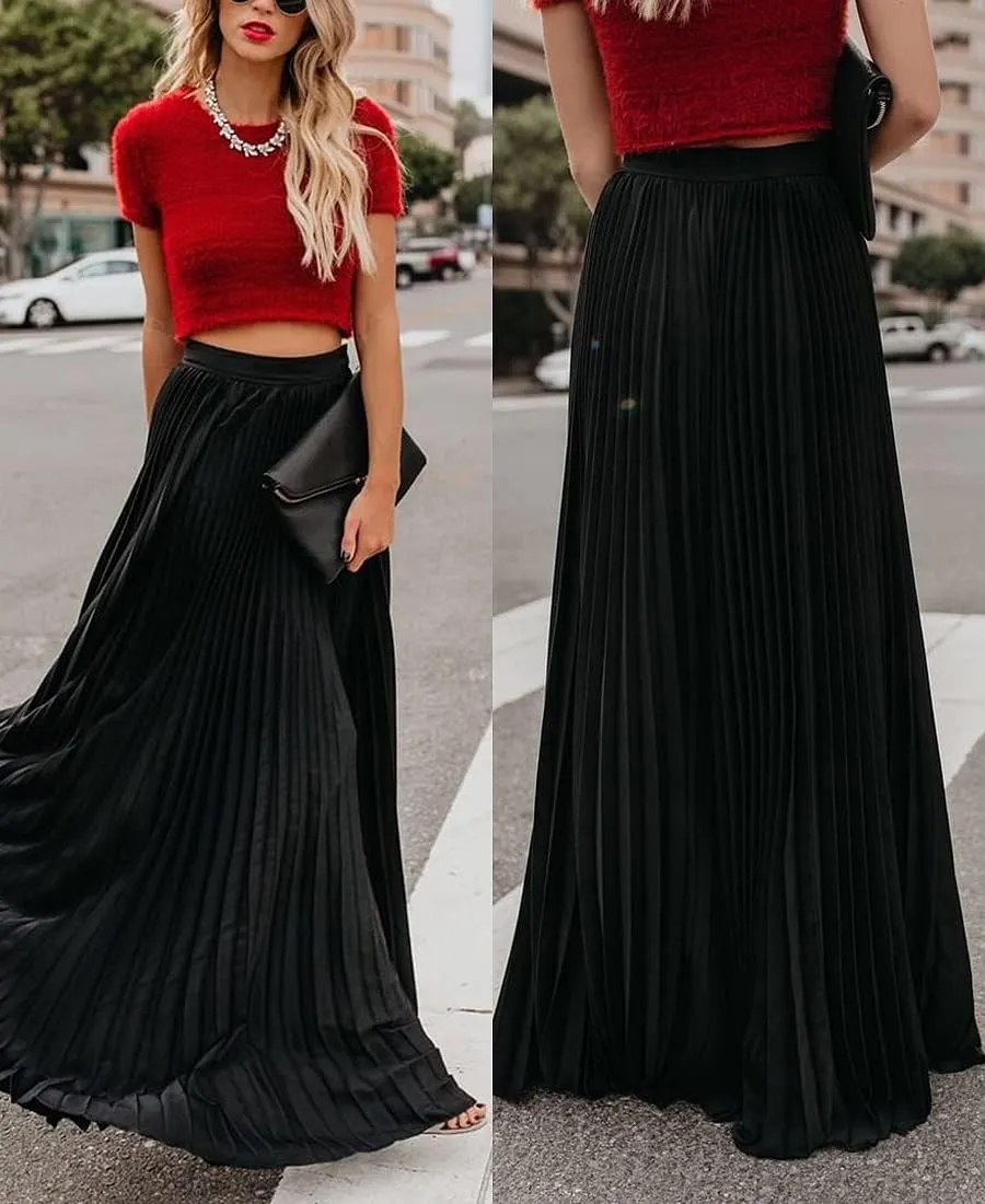 sysinside Women's High Elastic Waist Pleated Flowy Swing A-line Maxi Skirts
