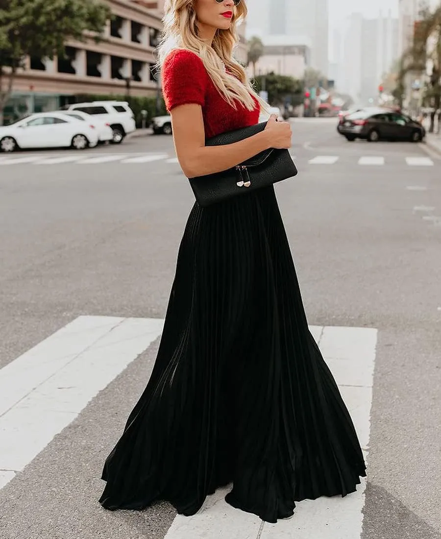 sysinside Women's High Elastic Waist Pleated Flowy Swing A-line Maxi Skirts