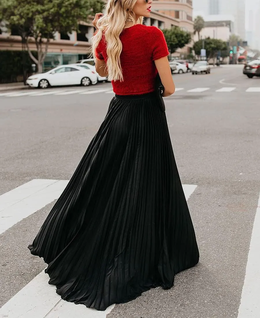 sysinside Women's High Elastic Waist Pleated Flowy Swing A-line Maxi Skirts