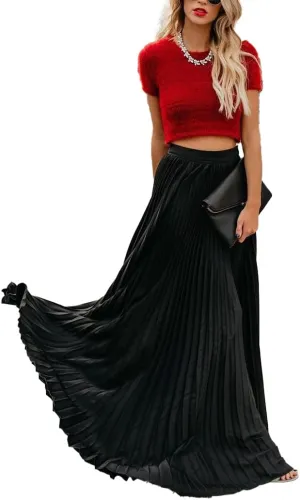 sysinside Women's High Elastic Waist Pleated Flowy Swing A-line Maxi Skirts