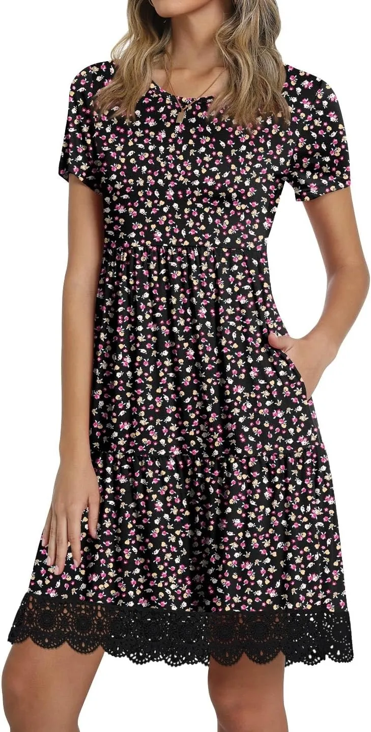 TAOHUADAO Women's Summer Casual Tshirt Dresses Short Sleeve Ruffle Swing Lace Hem Dress with Pockets
