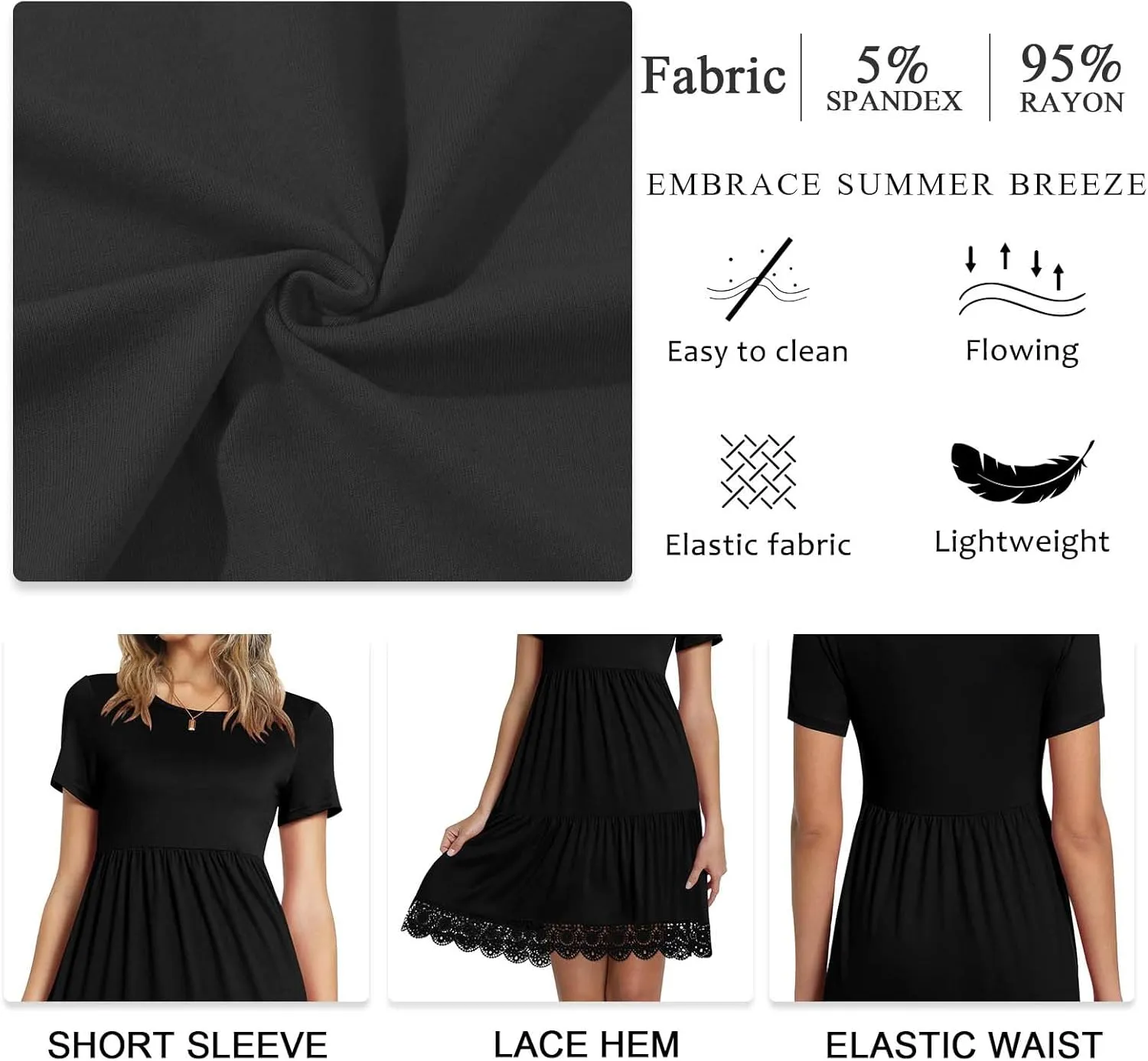 TAOHUADAO Women's Summer Casual Tshirt Dresses Short Sleeve Ruffle Swing Lace Hem Dress with Pockets