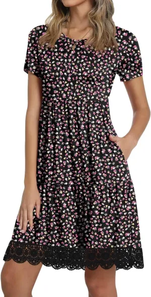 TAOHUADAO Women's Summer Casual Tshirt Dresses Short Sleeve Ruffle Swing Lace Hem Dress with Pockets