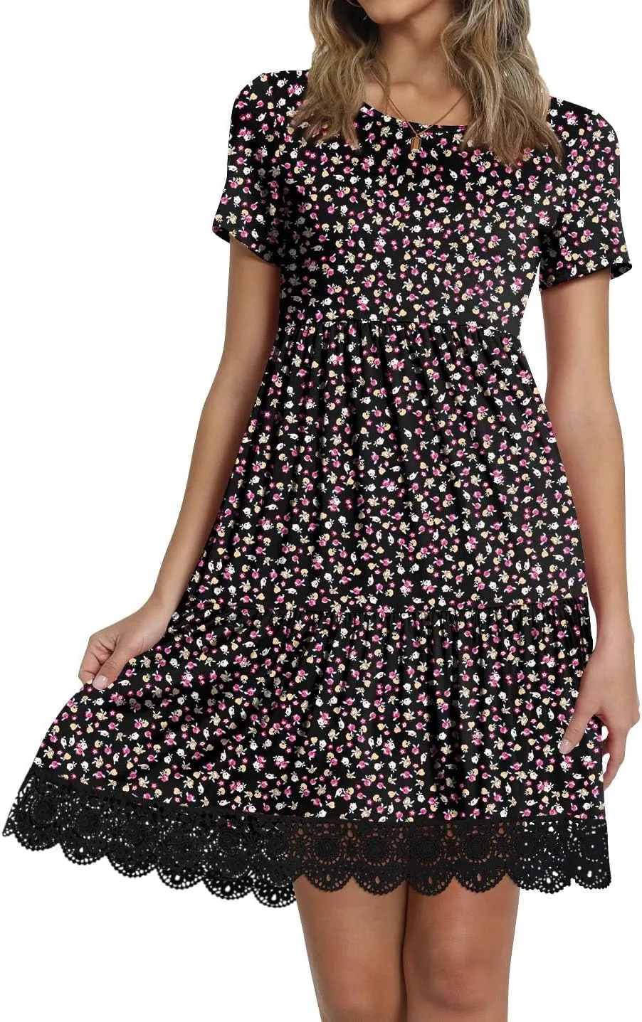 TAOHUADAO Women's Summer Casual Tshirt Dresses Short Sleeve Ruffle Swing Lace Hem Dress with Pockets