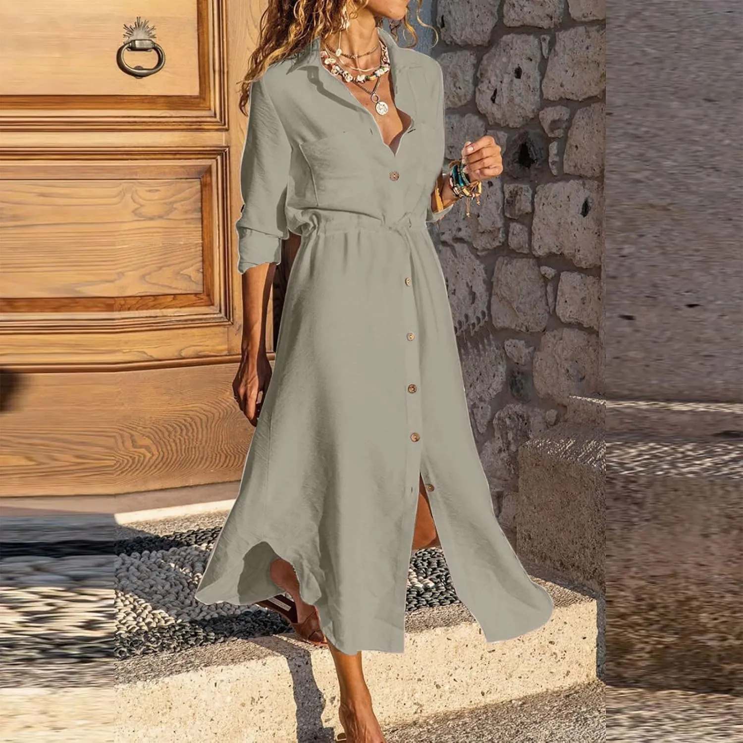 TARIENDY Maxi Dress for Women,Women's Button Down Vacation Outfits Long Sleeve Dresses Plus Size Summer Shirt Sundresses