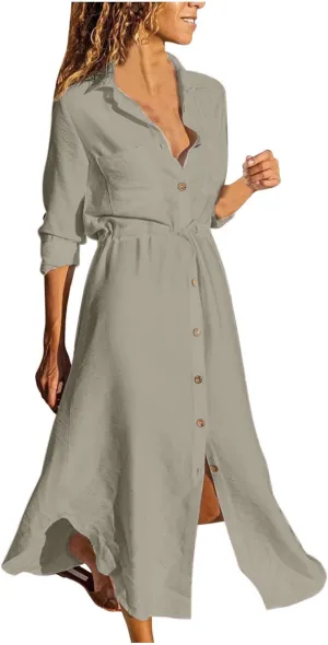 TARIENDY Maxi Dress for Women,Women's Button Down Vacation Outfits Long Sleeve Dresses Plus Size Summer Shirt Sundresses