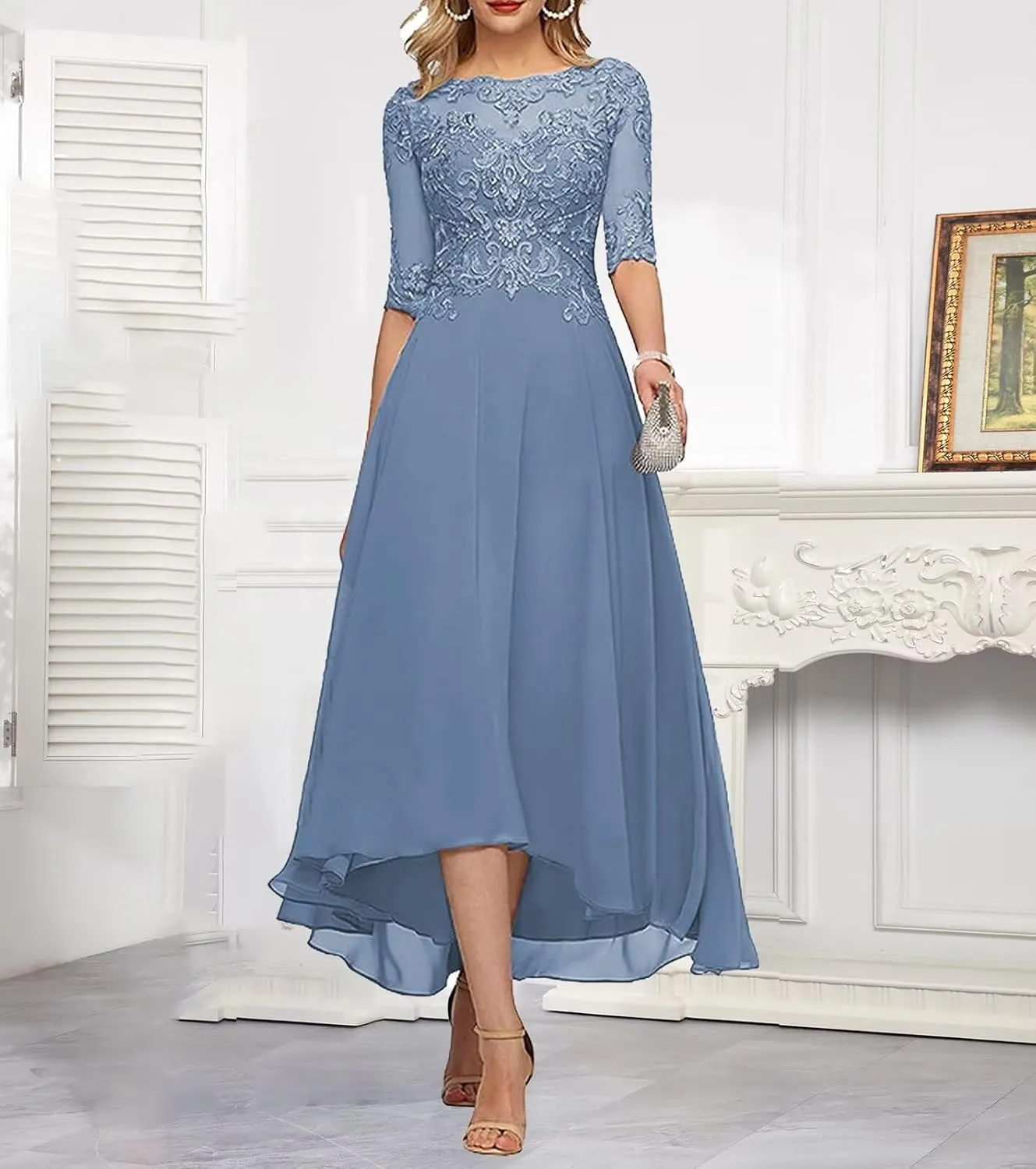 Tea Length Mother of The Bride Dresses for Wedding Half Sleeve Lace Chiffon Formal Evening Party Gown