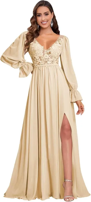 V Neck Bridesmaid Dresses Long Sleeve for Wedding Lace Appliques Formal Party Gown with Slit