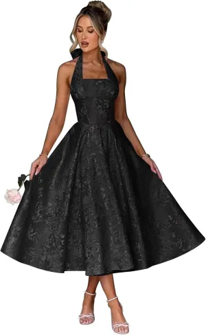 Verngo Satin Floral Jacquard Prom Dress for Women 2025 Halter A Line Formal Evening Gowns with Pockets