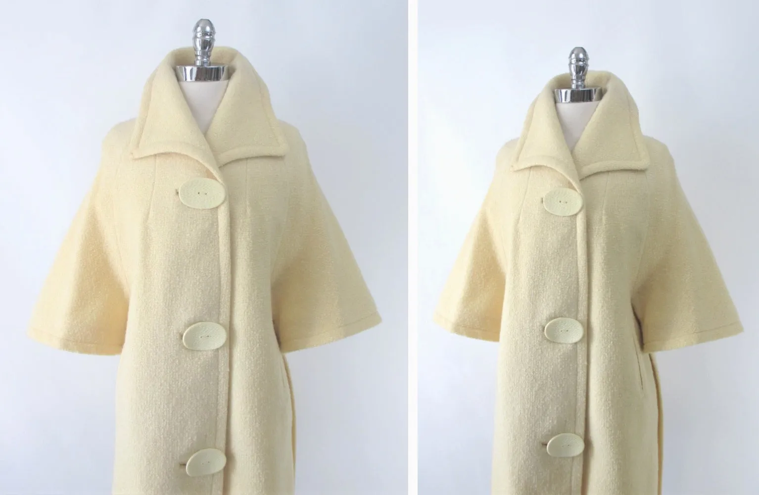 Vintage 60's Cream Big Button Bell Sleeve Mod Coat / Jacket M