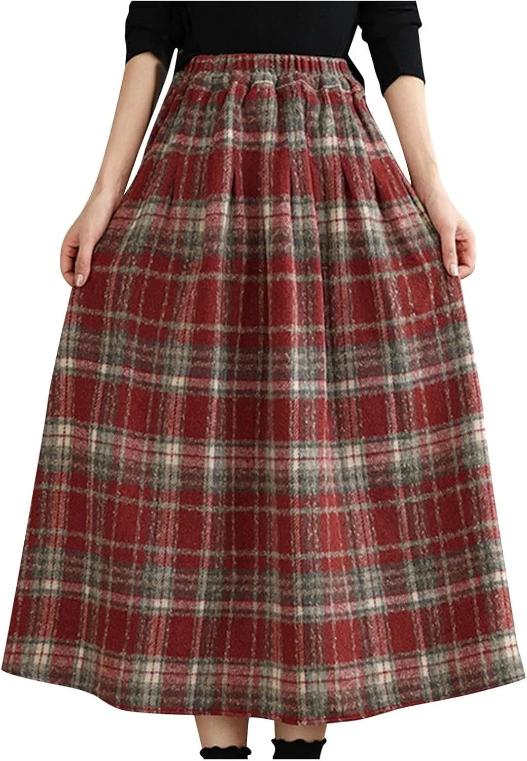 Vintage Long Plaid Wool Skirt Womens Fall Winter Elastic High Waist A line Pleated Skirts Midi Flared Tartan Skirt