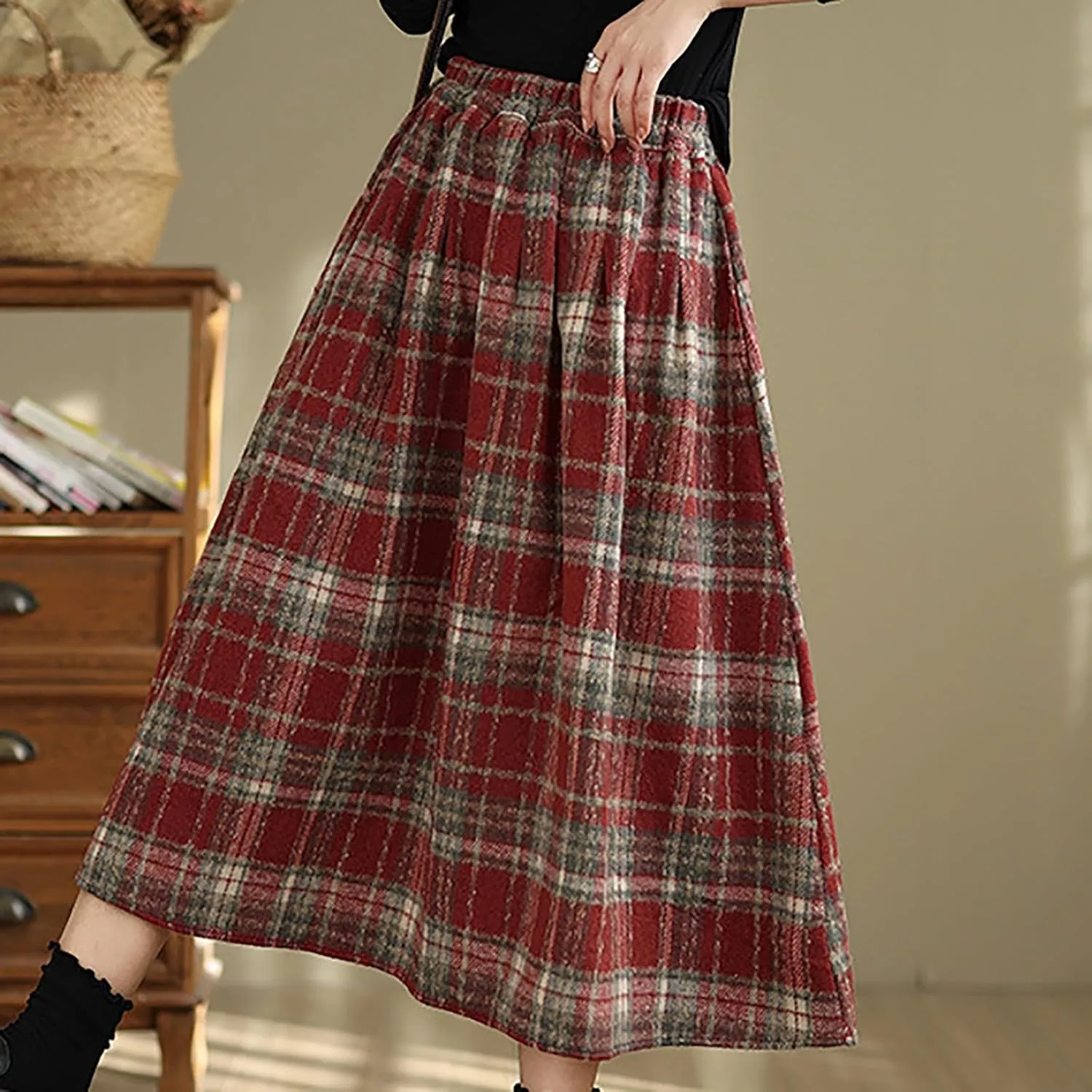 Vintage Long Plaid Wool Skirt Womens Fall Winter Elastic High Waist A line Pleated Skirts Midi Flared Tartan Skirt