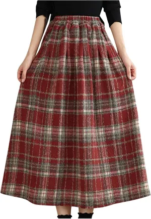 Vintage Long Plaid Wool Skirt Womens Fall Winter Elastic High Waist A line Pleated Skirts Midi Flared Tartan Skirt