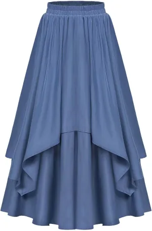 Vintage Renaissance Skirts for Women Double Layered Tiered Long Skirt High Waisted Asymmetrical Ruffle A Line Skirt