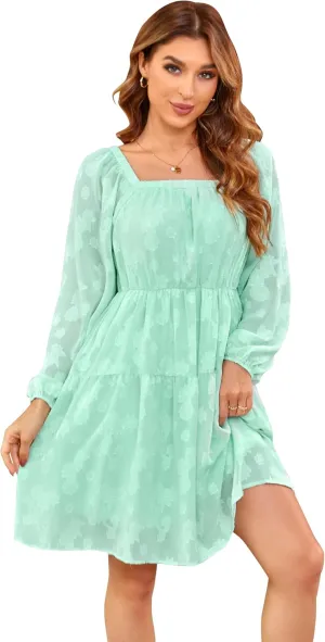 VintageClothing Spring Babydoll Dresses for Women 2024 Casual Square Neck Mini Babydoll Dress A-Line Flowy Short Dress