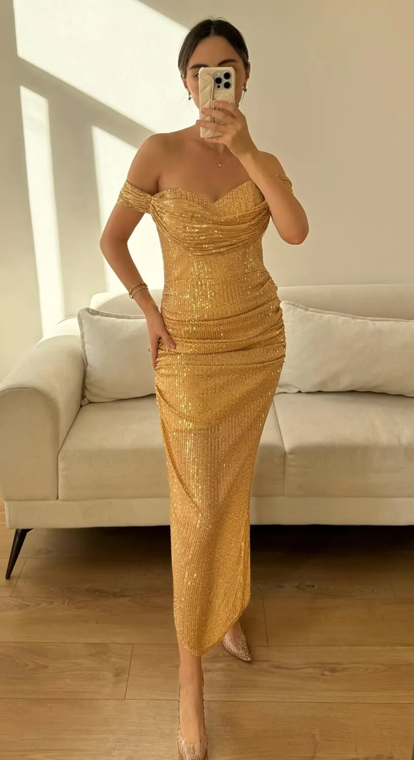 Wchecalino Womens Off Shoulder Sequin Prom Dresses 2025 Short Mermaid Sparkly Midi Tight Homecoming Dress
