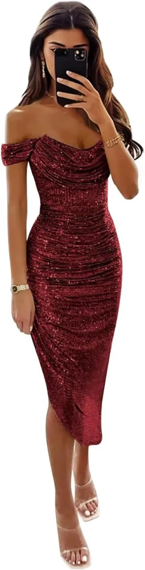 Wchecalino Womens Off Shoulder Sequin Prom Dresses 2025 Short Mermaid Sparkly Midi Tight Homecoming Dress