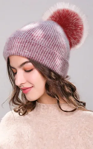 WHD3S Angora Wool Detachable Real Fox Fur Pom Pom Hat