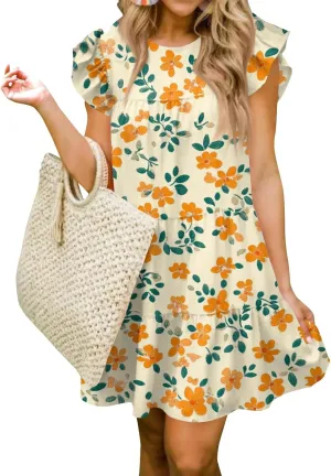 Women Babydoll Summer Casual Crew Neck Ruffle Sleeve Sleeveless Flowy Mini Short Tunic Dress Floral Print Pleated Dress2-Orange,Small