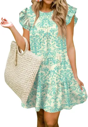 Women Babydoll Summer Casual Crew Neck Ruffle Sleeve Sleeveless Flowy Mini Short Tunic Dress Floral Print Pleated Dress3-Cyan,X-Large
